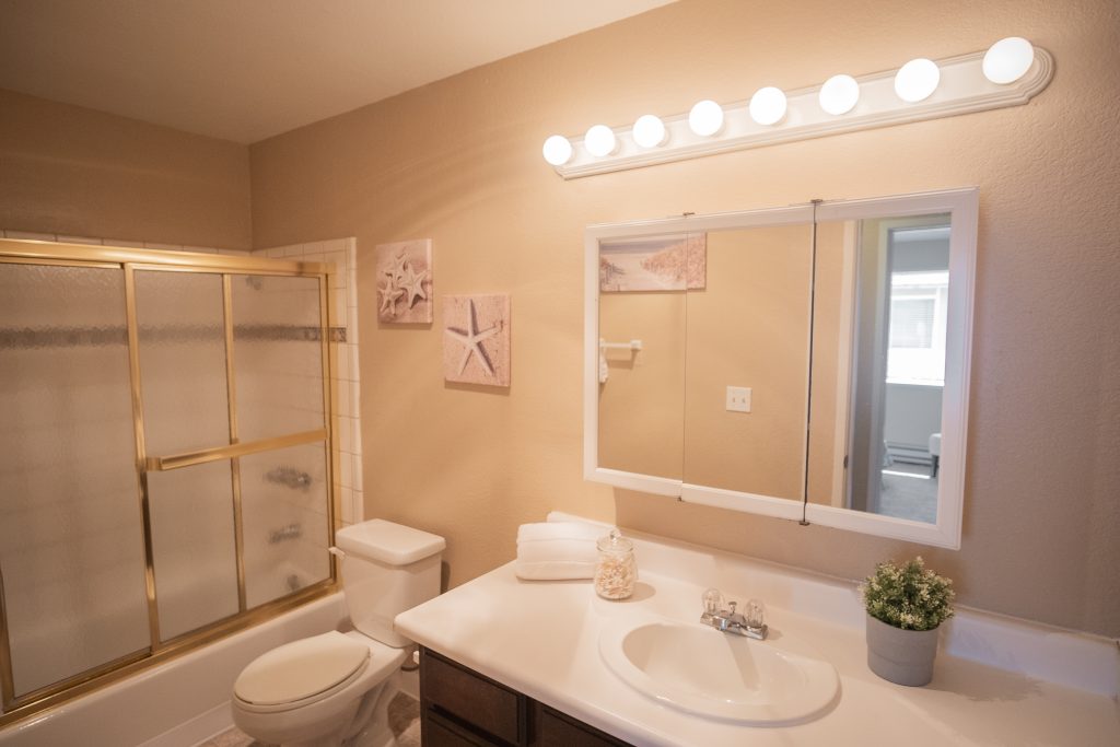 Sink and shower area 2 in bathroom for 2 bed 2 bath, 880 square foot apartment